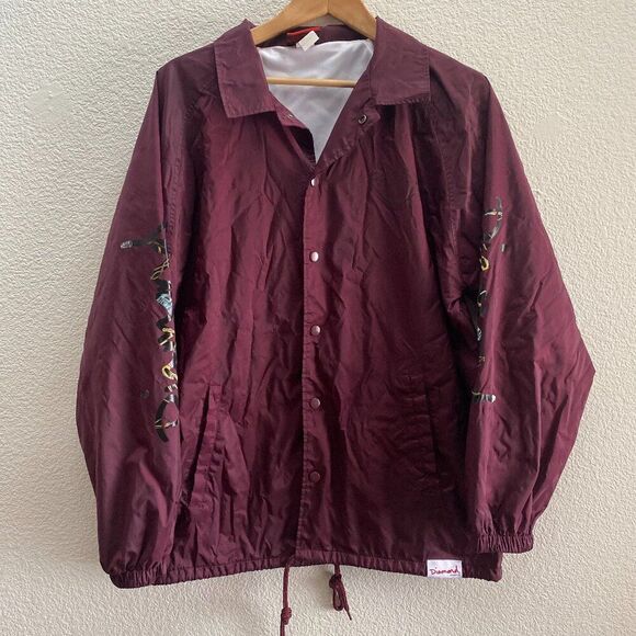 Diamond Supply Co Lined Jacket Burgundy Color Snap Button 100% Nylon Size Large - Picture 1 of 3